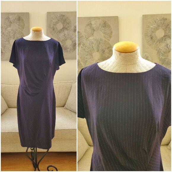 🌹 TAHARI 🌹 Flutter Sleeve Pinstripe Dress - [Size 16, Navy Blue] - Picture 1 of 11